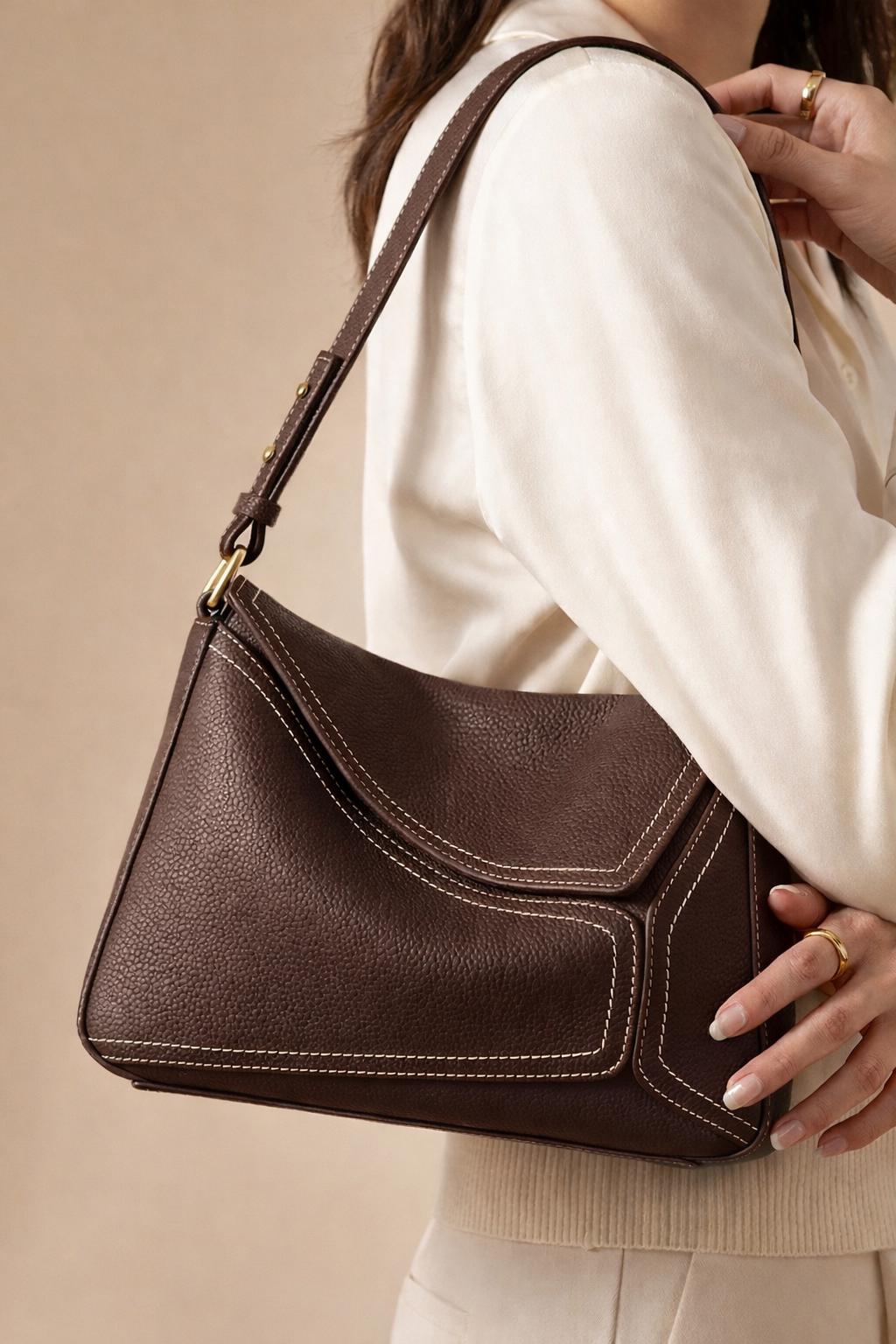 Genuine Leather Hobo Shoulder Bag, Stitch Detail, Minimalist Everyday Bag