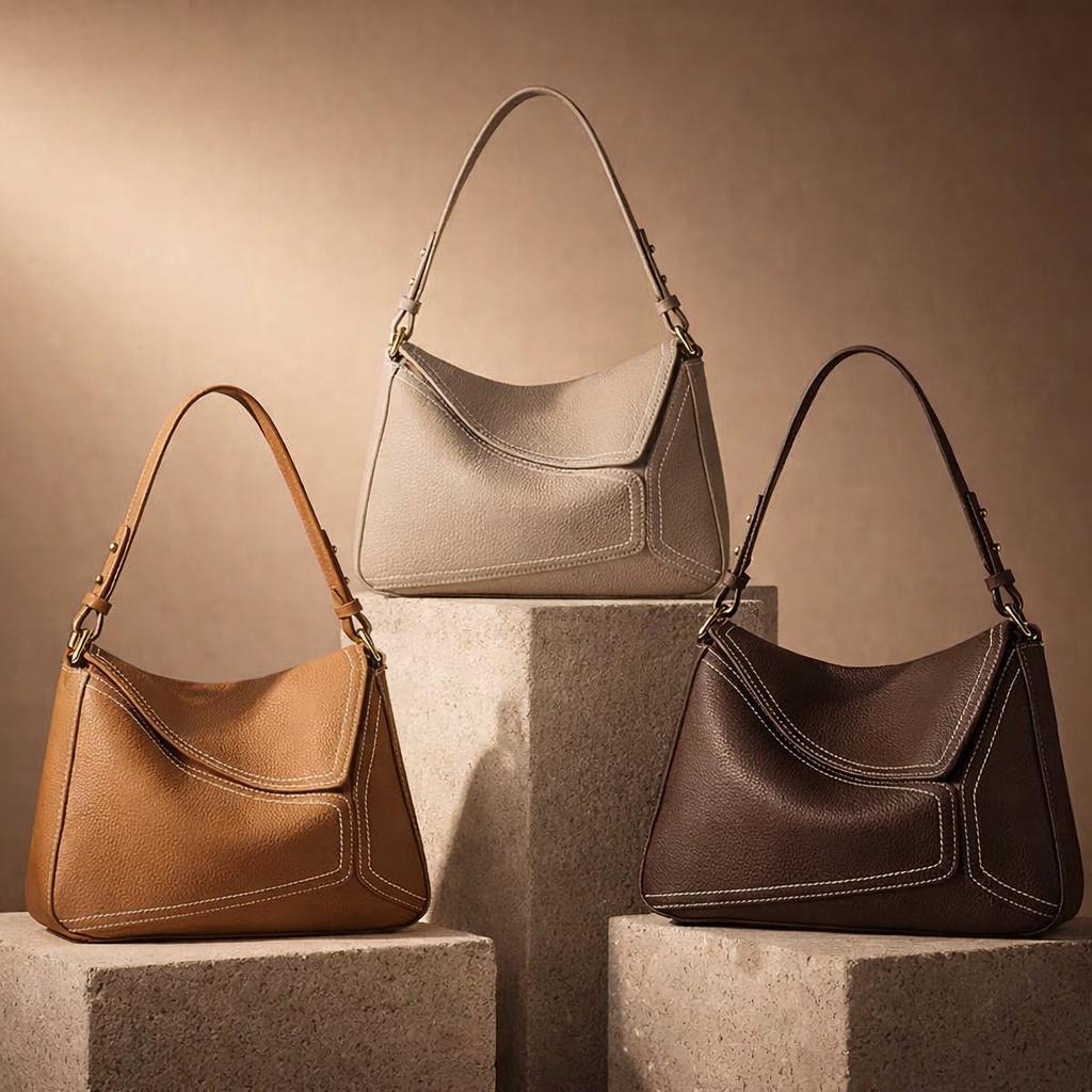 Genuine Leather Hobo Shoulder Bag, Stitch Detail, Minimalist Everyday Bag