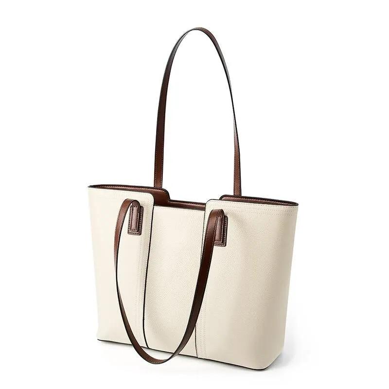 Minimalist Genuine Cowhide Leather Tote Bag, Contrast Handle Work Handbag