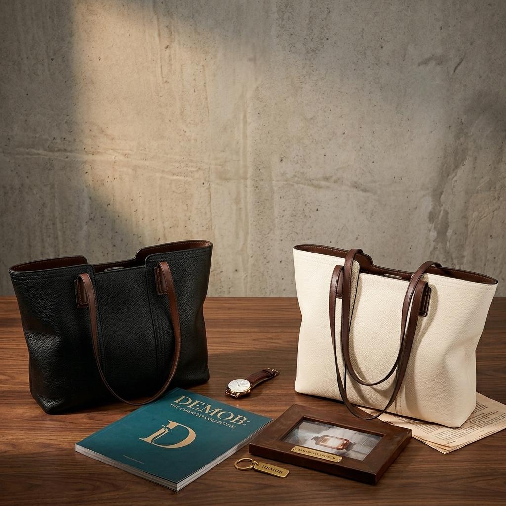 Minimalist Genuine Cowhide Leather Tote Bag, Contrast Handle Work Handbag