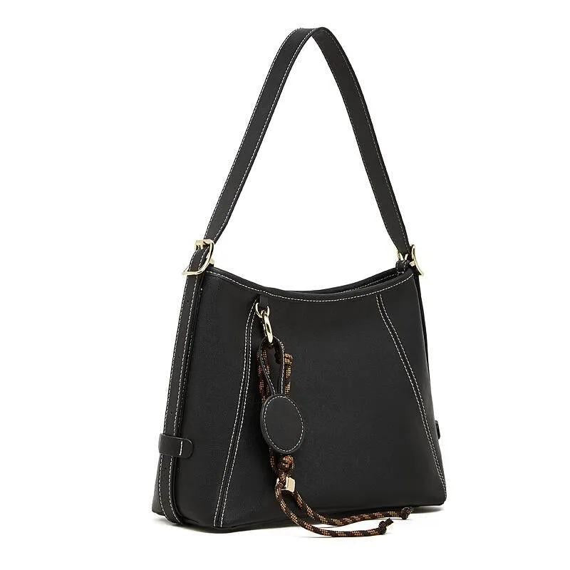Genuine Leather Everyday Shoulder Bag, Minimal Style Shoulder Leather bag with Charms, with Adjustable Crossbody Strap