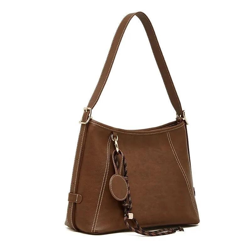 Genuine Leather Everyday Shoulder Bag, Minimal Style Shoulder Leather bag with Charms, with Adjustable Crossbody Strap