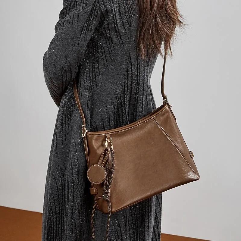 Genuine Leather Everyday Shoulder Bag, Minimal Style Shoulder Leather bag with Charms, with Adjustable Crossbody Strap