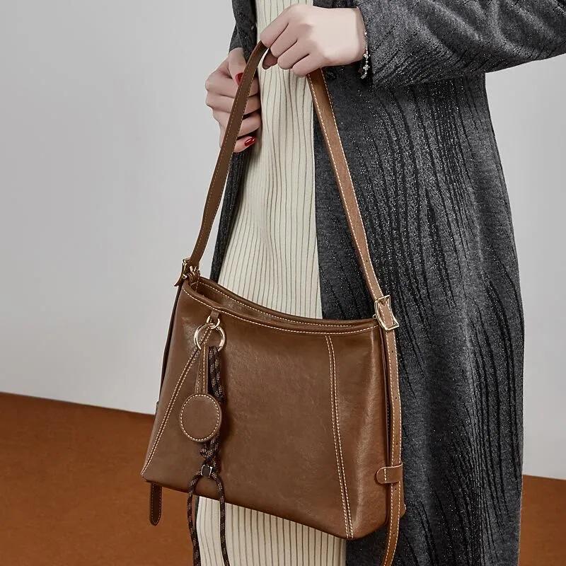 Genuine Leather Everyday Shoulder Bag, Minimal Style Shoulder Leather bag with Charms, with Adjustable Crossbody Strap