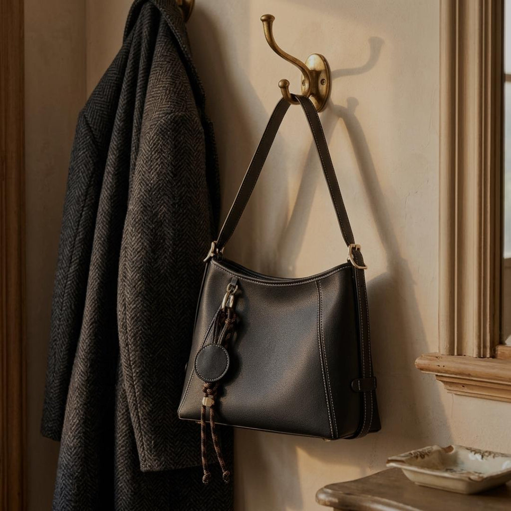 Genuine Leather Everyday Shoulder Bag, Minimal Style Shoulder Leather bag with Charms, with Adjustable Crossbody Strap