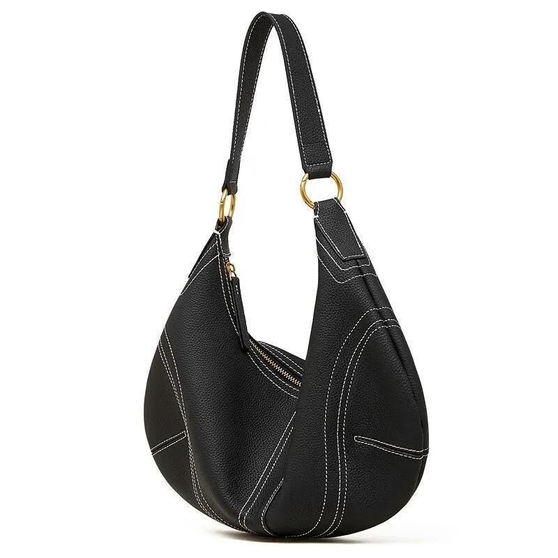 Genuine Leather Hobo Slouchy Shoulder Bag, Soft Black Crescent Bag