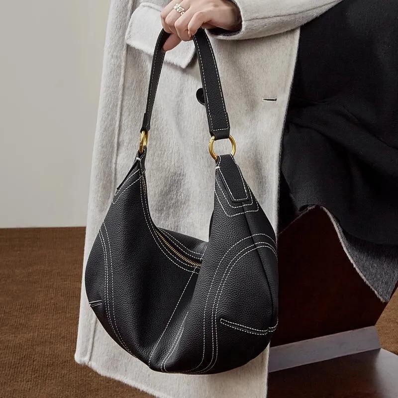 Genuine Leather Hobo Slouchy Shoulder Bag, Soft Black Crescent Bag