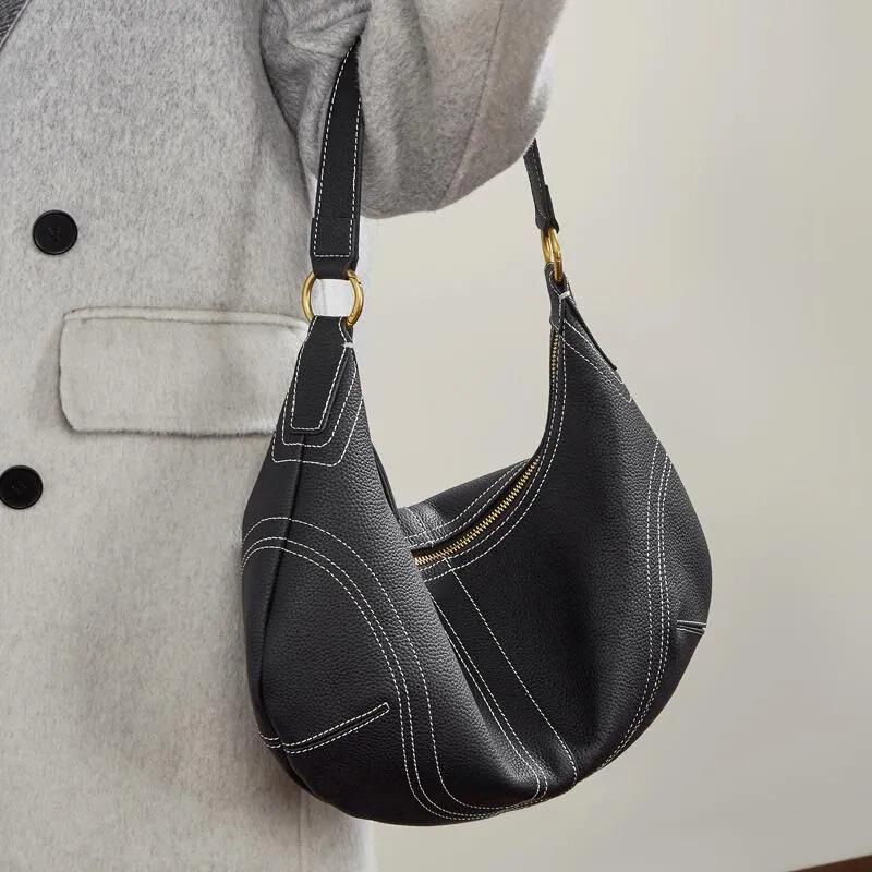 Genuine Leather Hobo Slouchy Shoulder Bag, Soft Black Crescent Bag