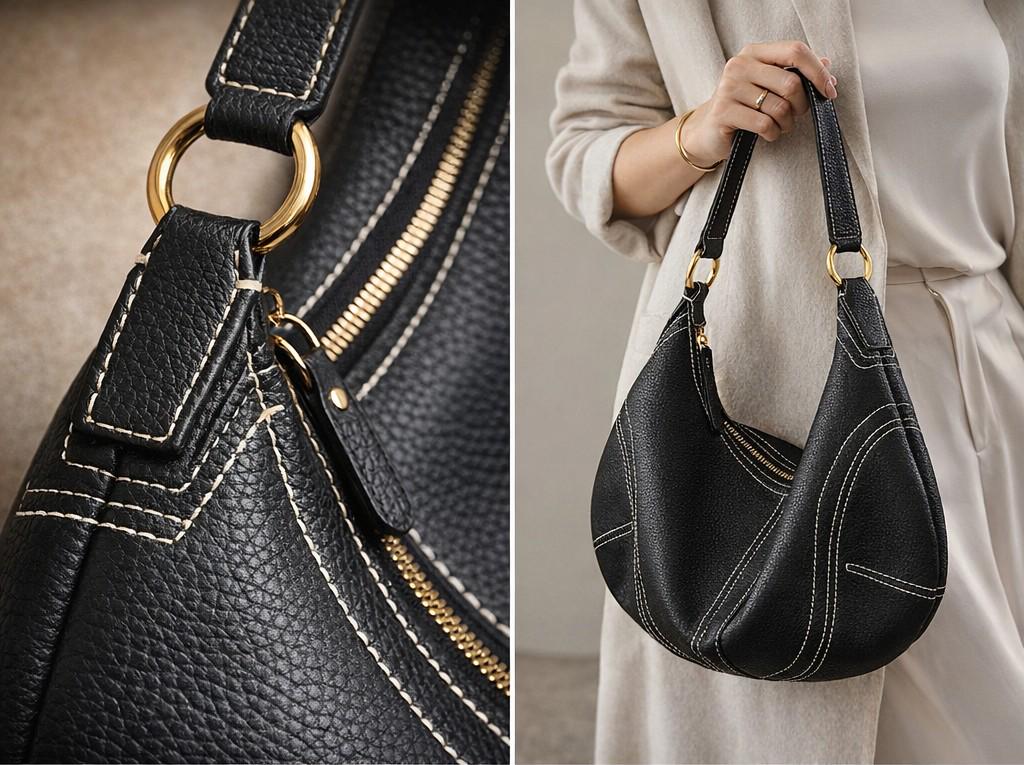 Genuine Leather Hobo Slouchy Shoulder Bag, Soft Black Crescent Bag