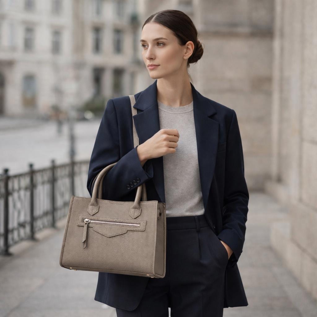 Genuine Leather Structured HandBag,Crossbody Strap Option, Large Capacity bag with Zipper Pocket