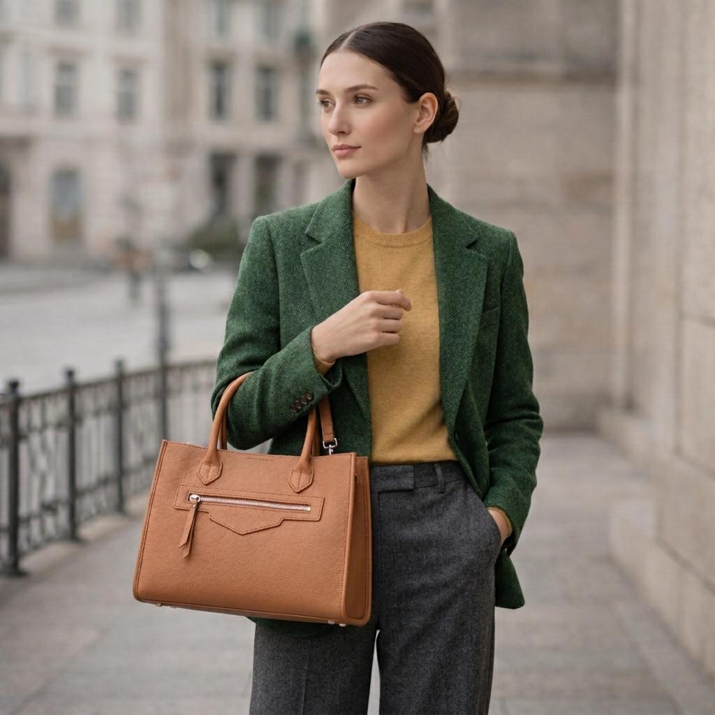 Genuine Leather Structured HandBag,Crossbody Strap Option, Large Capacity bag with Zipper Pocket