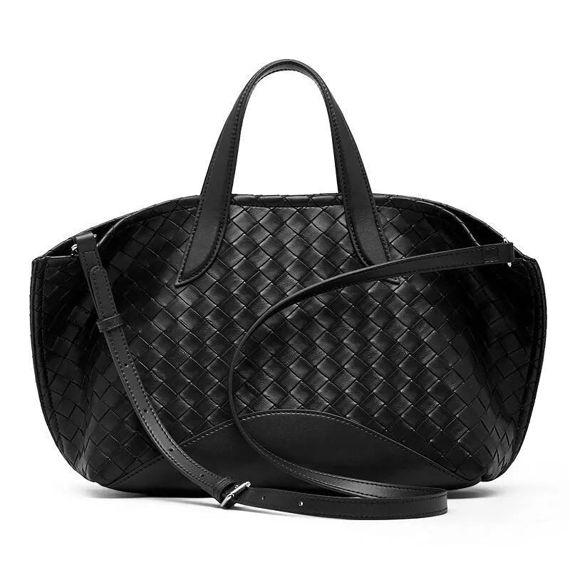Woven Genuine Leather Tote Bag, Large Top Handle Shoulder Bag