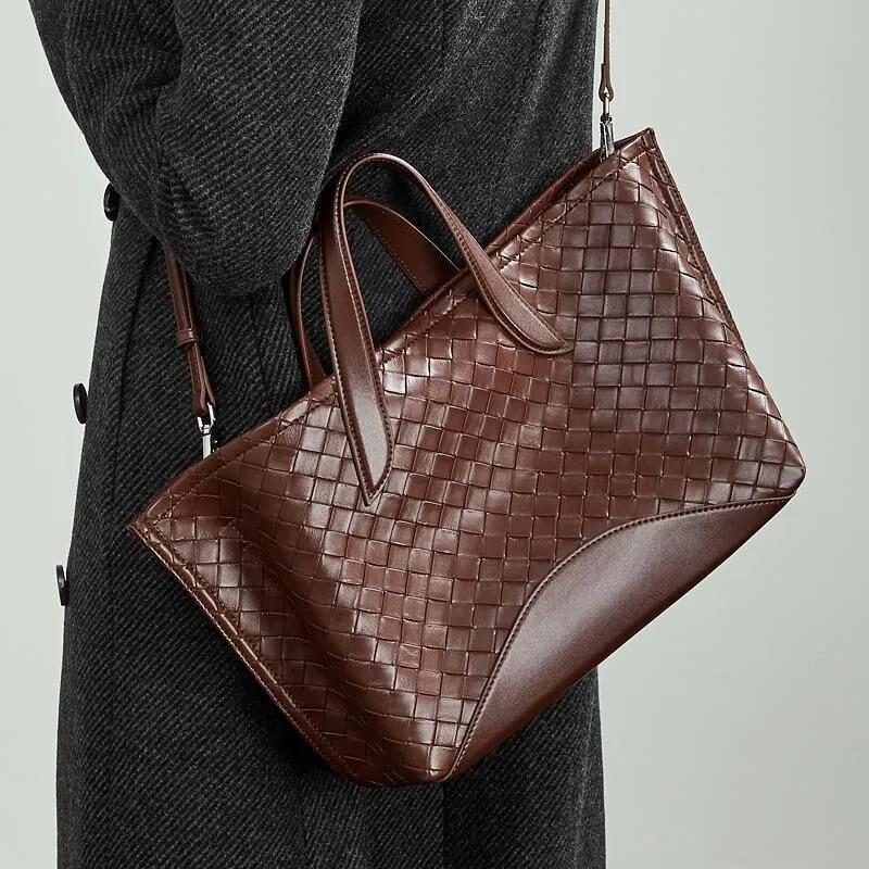 Woven Genuine Leather Tote Bag, Large Top Handle Shoulder Bag