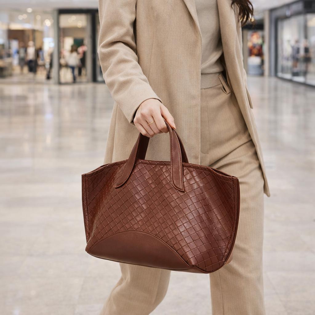 Woven Genuine Leather Tote Bag, Large Top Handle Shoulder Bag