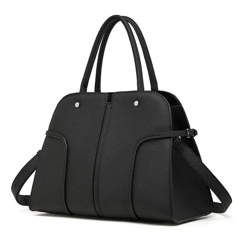 Genuine Leather Structured Handbag, Minimalist Top Handle Bag with Crossbody Strap