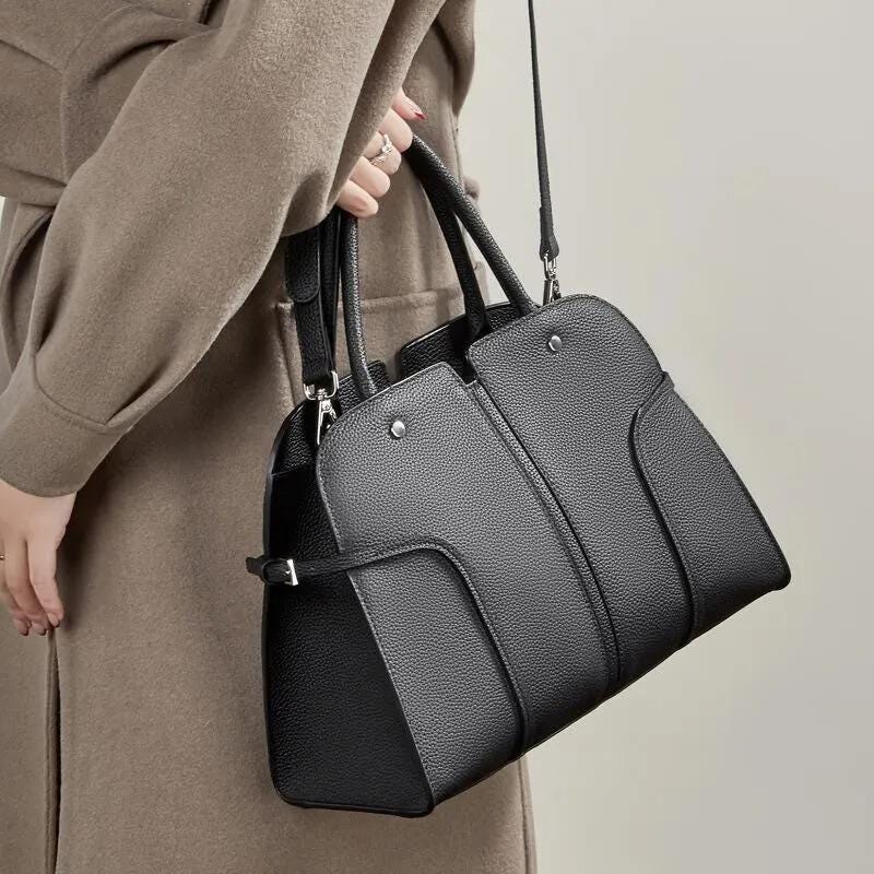 Genuine Leather Structured Handbag, Minimalist Top Handle Bag with Crossbody Strap
