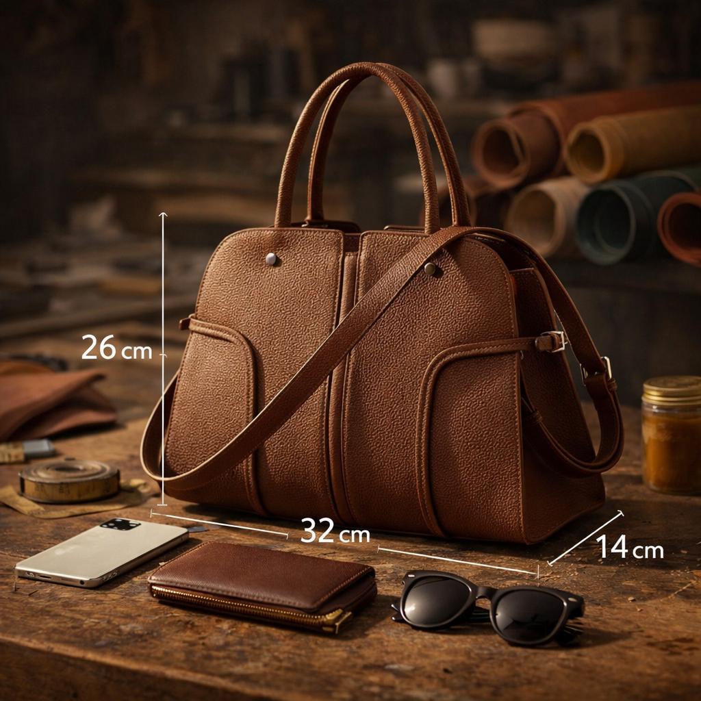 Genuine Leather Structured Handbag, Minimalist Top Handle Bag with Crossbody Strap