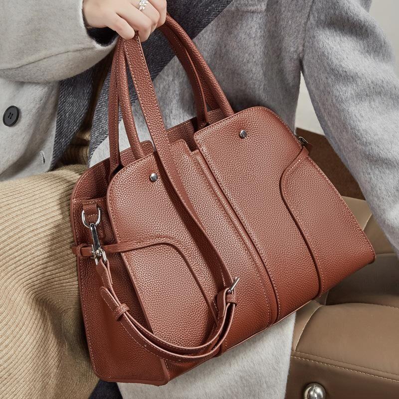 Genuine Leather Structured Handbag, Minimalist Top Handle Bag with Crossbody Strap
