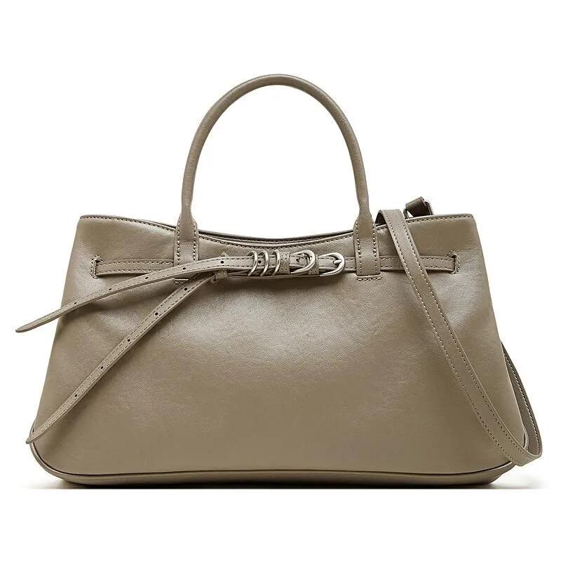 Genuine Leather Structured Handbag, Minimalist Top Handle Bag with Adjustable crossbody Strap