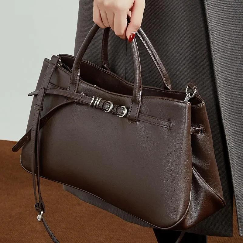 Genuine Leather Structured Handbag, Minimalist Top Handle Bag with Adjustable crossbody Strap