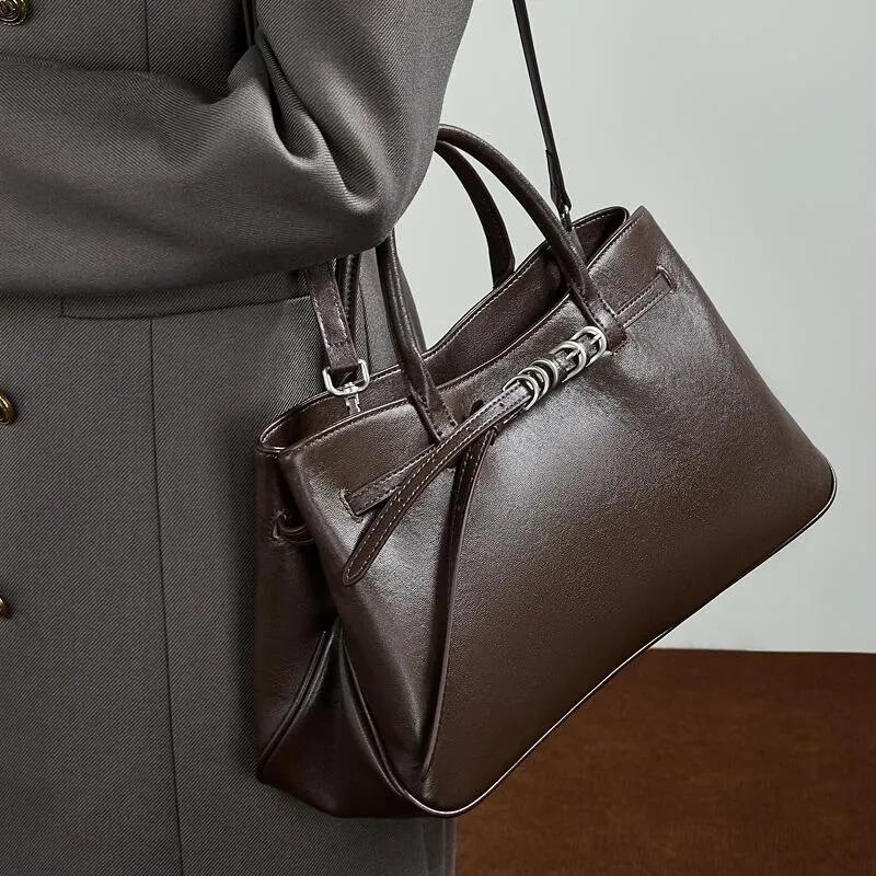 Genuine Leather Structured Handbag, Minimalist Top Handle Bag with Adjustable crossbody Strap