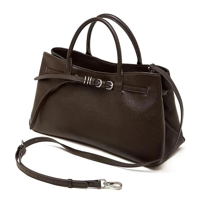 Genuine Leather Structured Handbag, Minimalist Top Handle Bag with Adjustable crossbody Strap