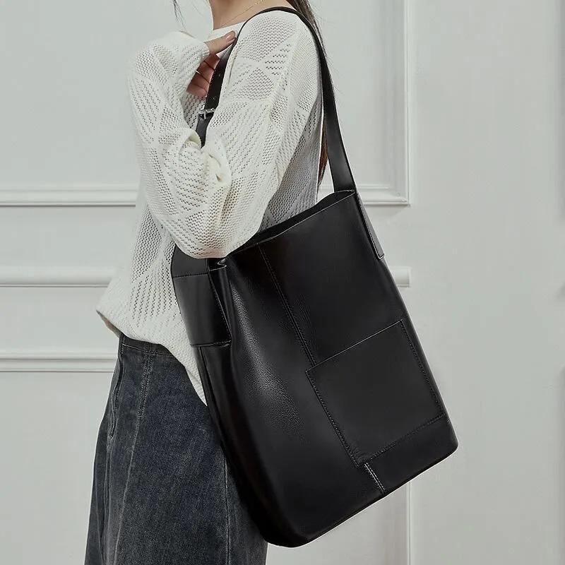 Soft Genuine Leather Tote Bag, Minimalist large Shoulder Bag with Inner Pouch