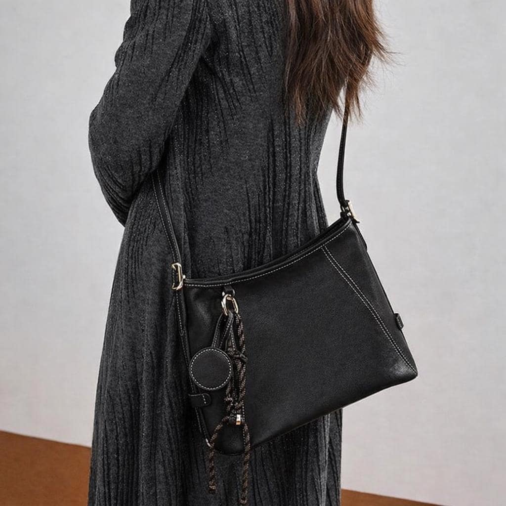 Genuine Leather Everyday Shoulder Bag, Minimal Style Shoulder Leather bag with Charms, with Adjustable Crossbody Strap