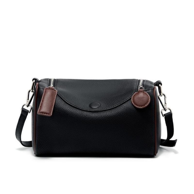 Compact genuine cowhide leather barrel crossbody bag