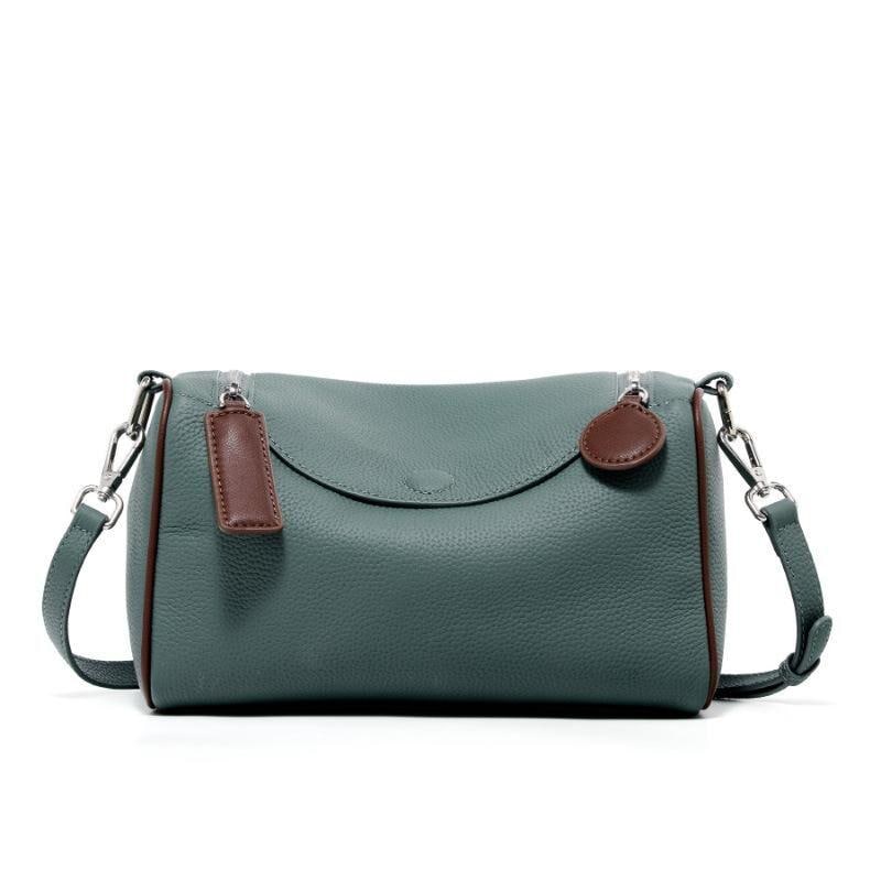 Compact genuine cowhide leather barrel crossbody bag