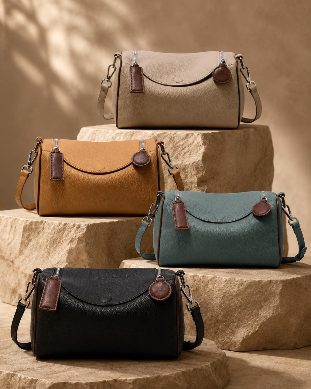 Compact genuine cowhide leather barrel crossbody bag