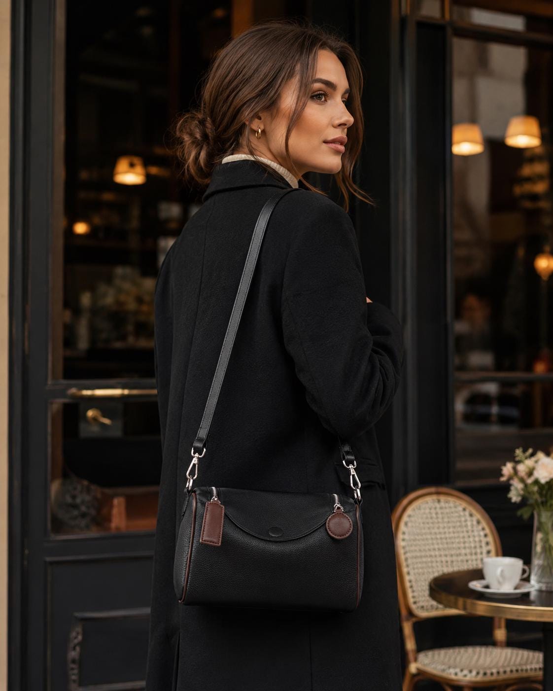 Compact genuine cowhide leather barrel crossbody bag