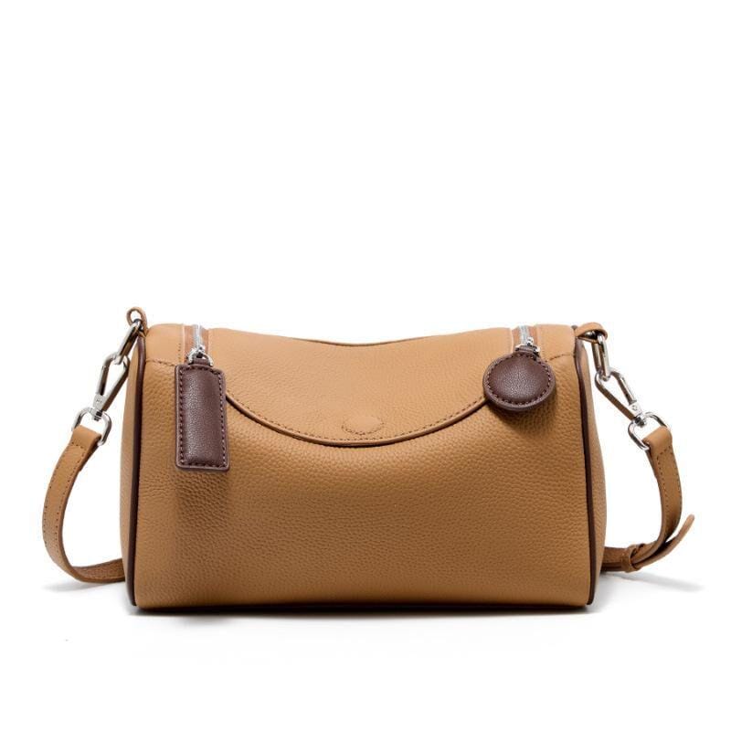 Compact genuine cowhide leather barrel crossbody bag