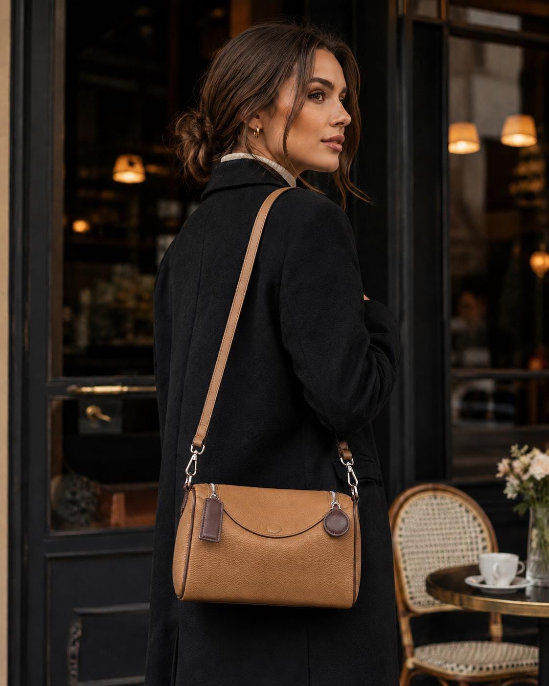Compact genuine cowhide leather barrel crossbody bag
